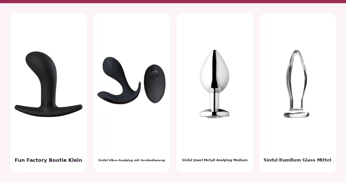 Vier Analplugs aus der Rangliste nebeneinander: Fun Factory Bootie Klein, Sinful Vibro-Analplug mit Fernbedienung, Sinful Jewel Metall Analplug Medium und Sinful BumBum Glass Mittel
